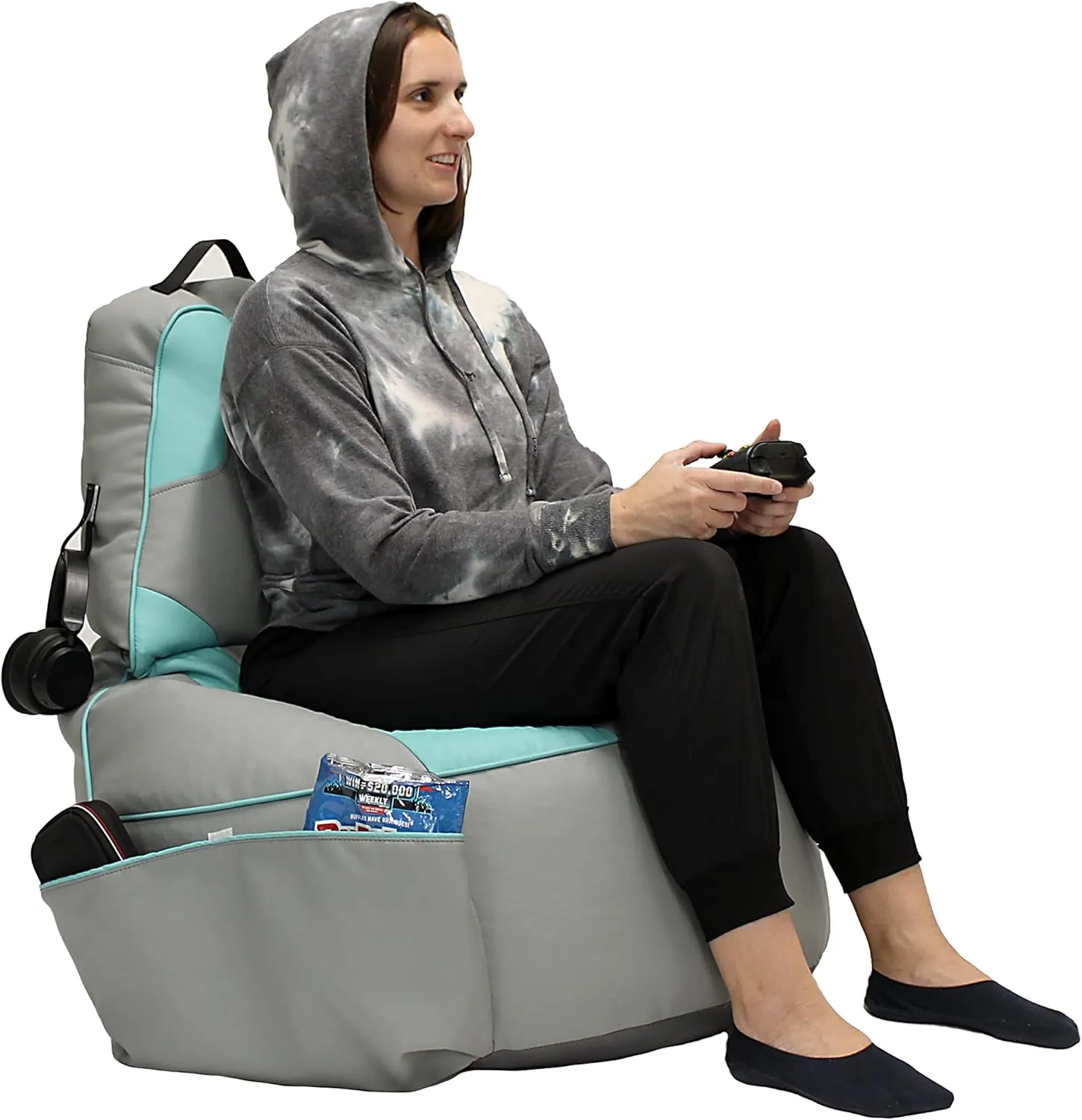 Factory Direct Partners 13928-305 SoftScape Floor Gaming Bean Bag Chair for Kids & Young Teens, Filled with Shape-Retaining Foam Beads - Gray/Turquoise