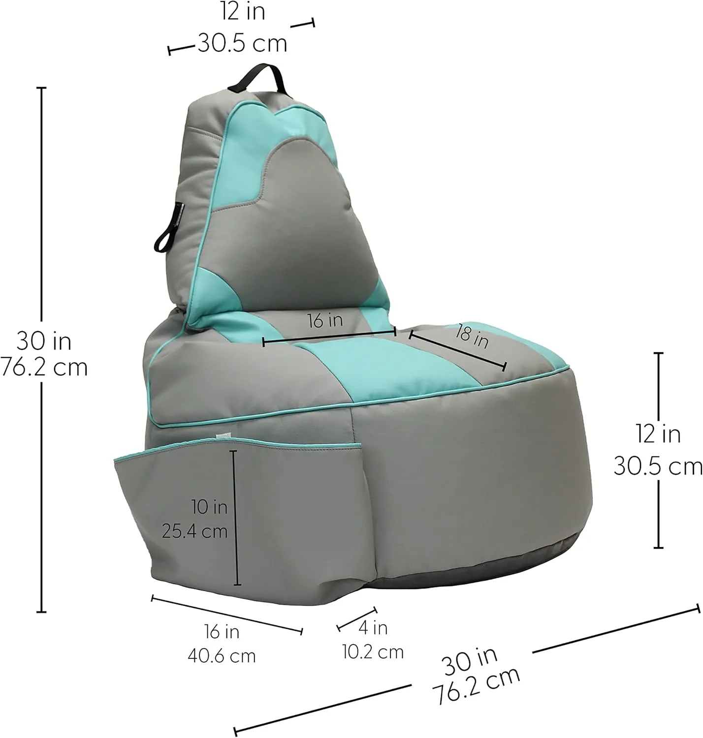 Factory Direct Partners 13928-305 SoftScape Floor Gaming Bean Bag Chair for Kids & Young Teens, Filled with Shape-Retaining Foam Beads - Gray/Turquoise