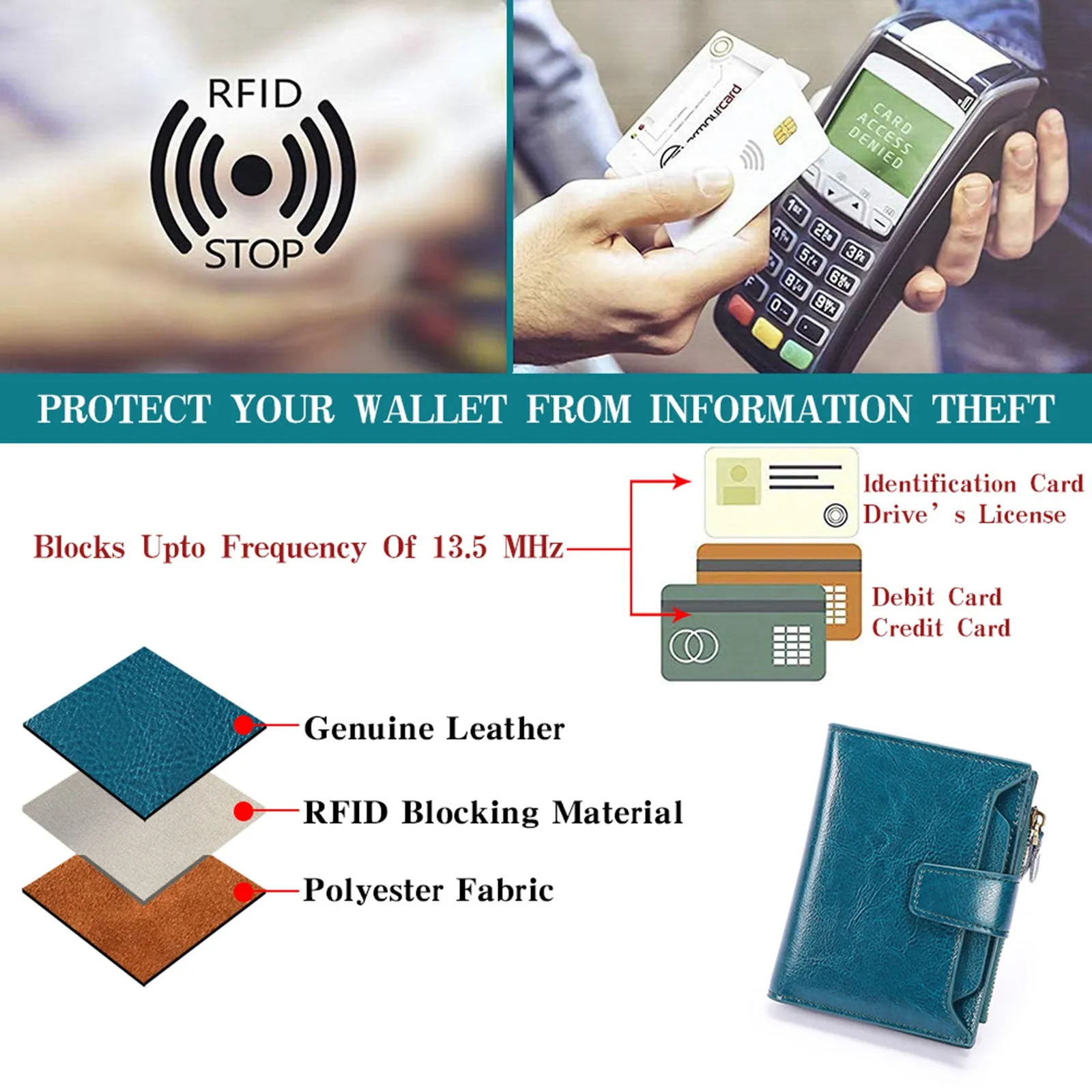 FALAN MULE Small Wallet for Women Genuine Leather Bifold Purse RFID Blocking Card Holder