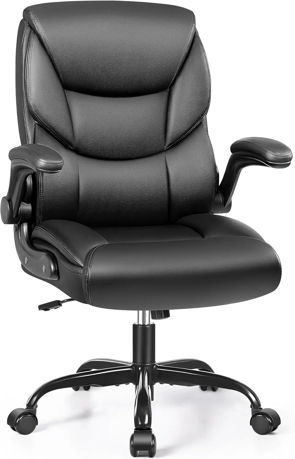 FelixKing Leather Office Chair - Small PU Ergonomic Desk Chair, Comfy Computer Chair with Wheels and Flip-up Armrests, Adjustable Height Mid Back Executive Office Chair for Short People-Black