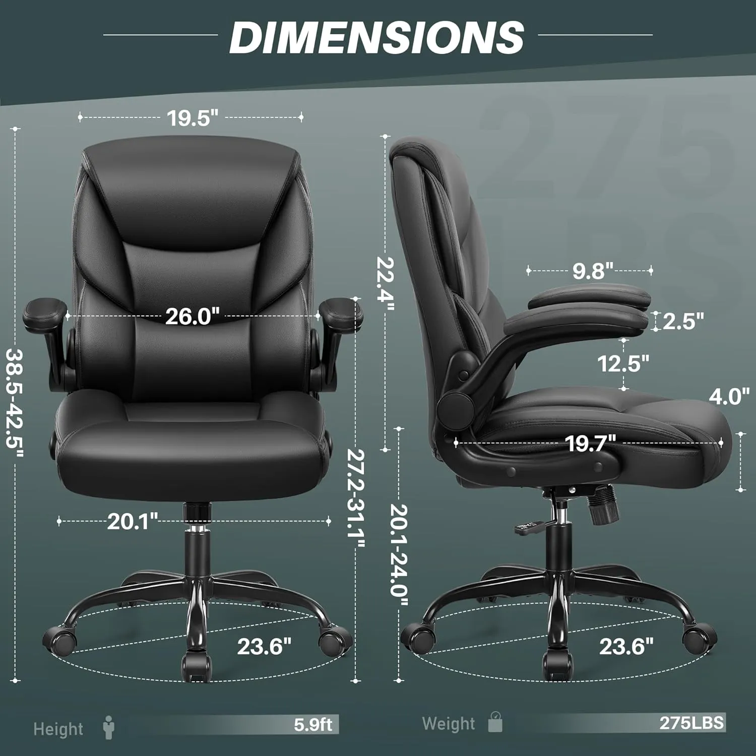 FelixKing Leather Office Chair - Small PU Ergonomic Desk Chair, Comfy Computer Chair with Wheels and Flip-up Armrests, Adjustable Height Mid Back Executive Office Chair for Short People-Black