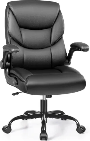 FelixKing Leather Office Chair - Small PU Ergonomic Desk Chair, Comfy Computer Chair with Wheels and Flip-up Armrests, Adjustable Height Mid Back Executive Office Chair for Short People-Black