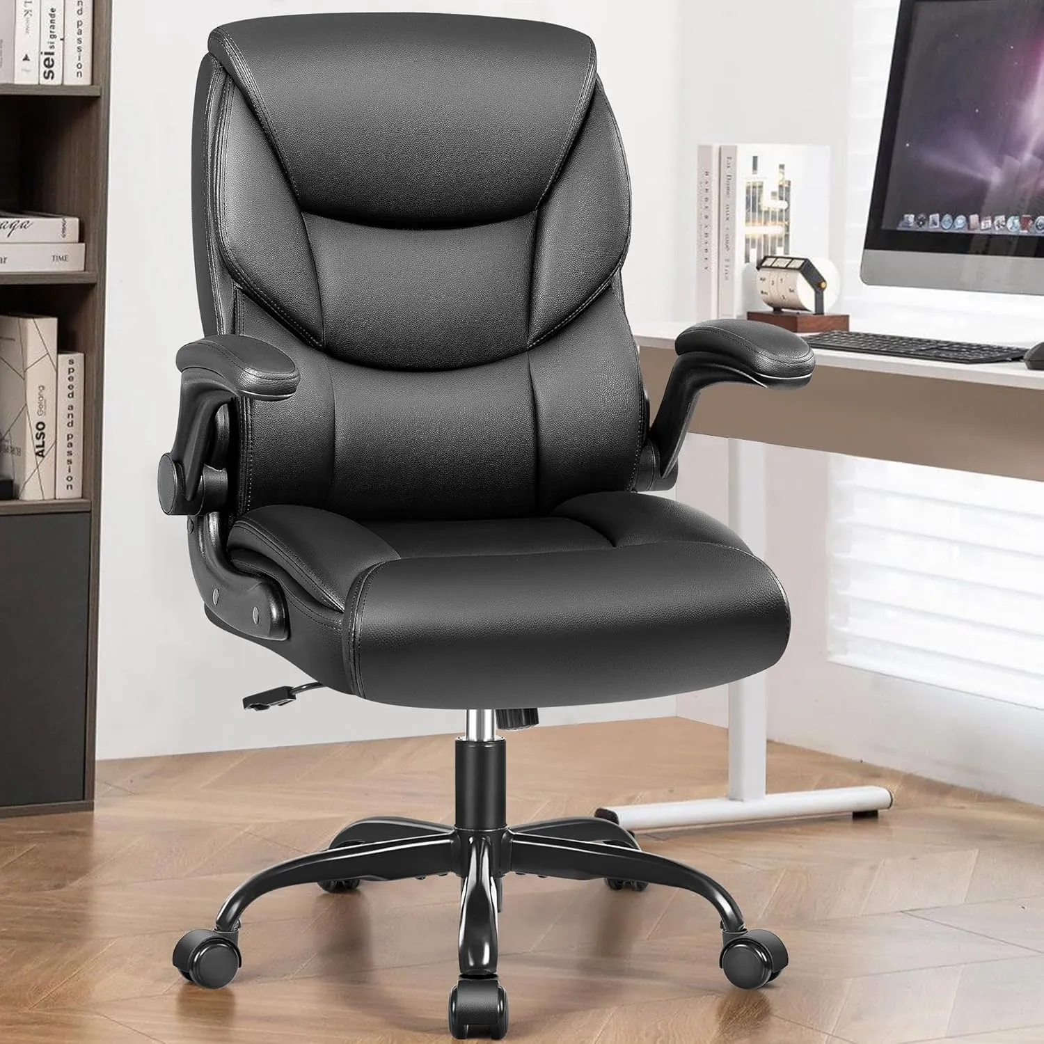 FelixKing Leather Office Chair - Small PU Ergonomic Desk Chair, Comfy Computer Chair with Wheels and Flip-up Armrests, Adjustable Height Mid Back Executive Office Chair for Short People-Black