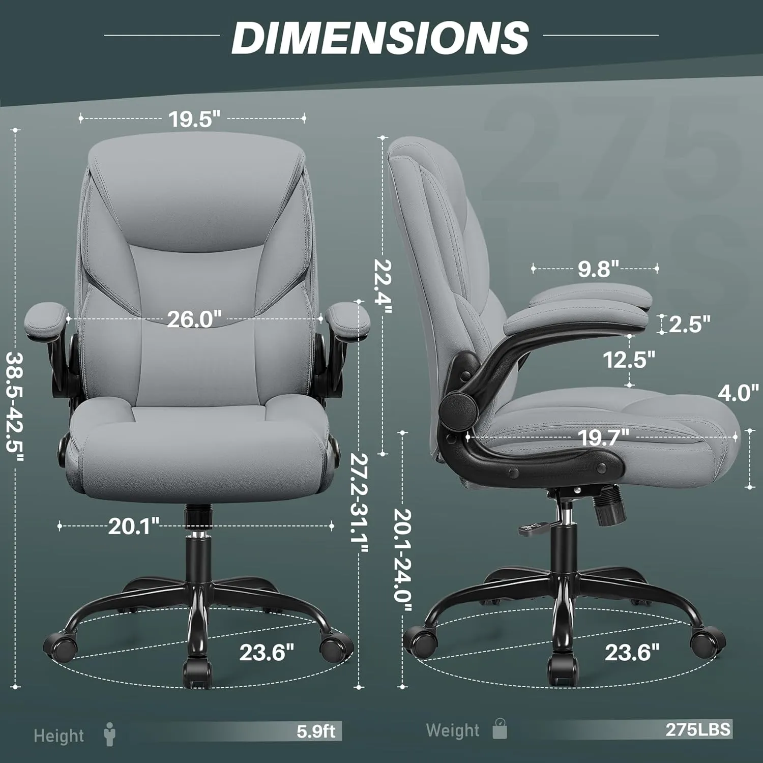 FelixKing Leather Office Chair, Small PU Ergonomic Desk Chair, Comfy Computer Chair with Wheels and Flip-up Armrests, Adjustable Height Mid Back Executive Office Chair for Short People-Gray
