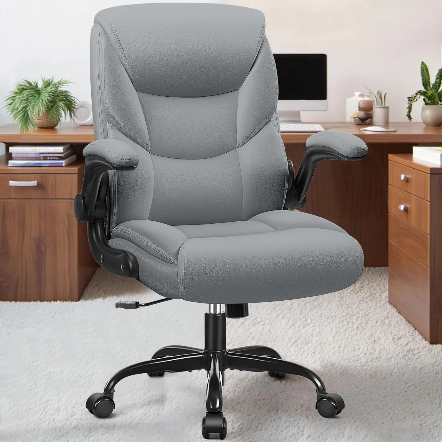 FelixKing Leather Office Chair, Small PU Ergonomic Desk Chair, Comfy Computer Chair with Wheels and Flip-up Armrests, Adjustable Height Mid Back Executive Office Chair for Short People-Gray