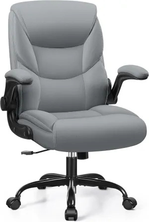 FelixKing Leather Office Chair, Small PU Ergonomic Desk Chair, Comfy Computer Chair with Wheels and Flip-up Armrests, Adjustable Height Mid Back Executive Office Chair for Short People-Gray