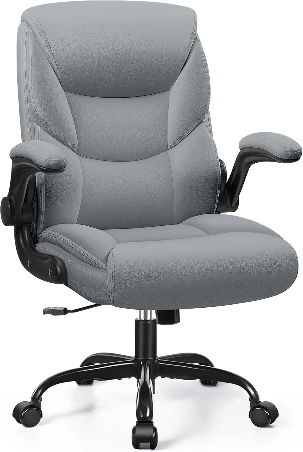 FelixKing Leather Office Chair, Small PU Ergonomic Desk Chair, Comfy Computer Chair with Wheels and Flip-up Armrests, Adjustable Height Mid Back Executive Office Chair for Short People-Gray