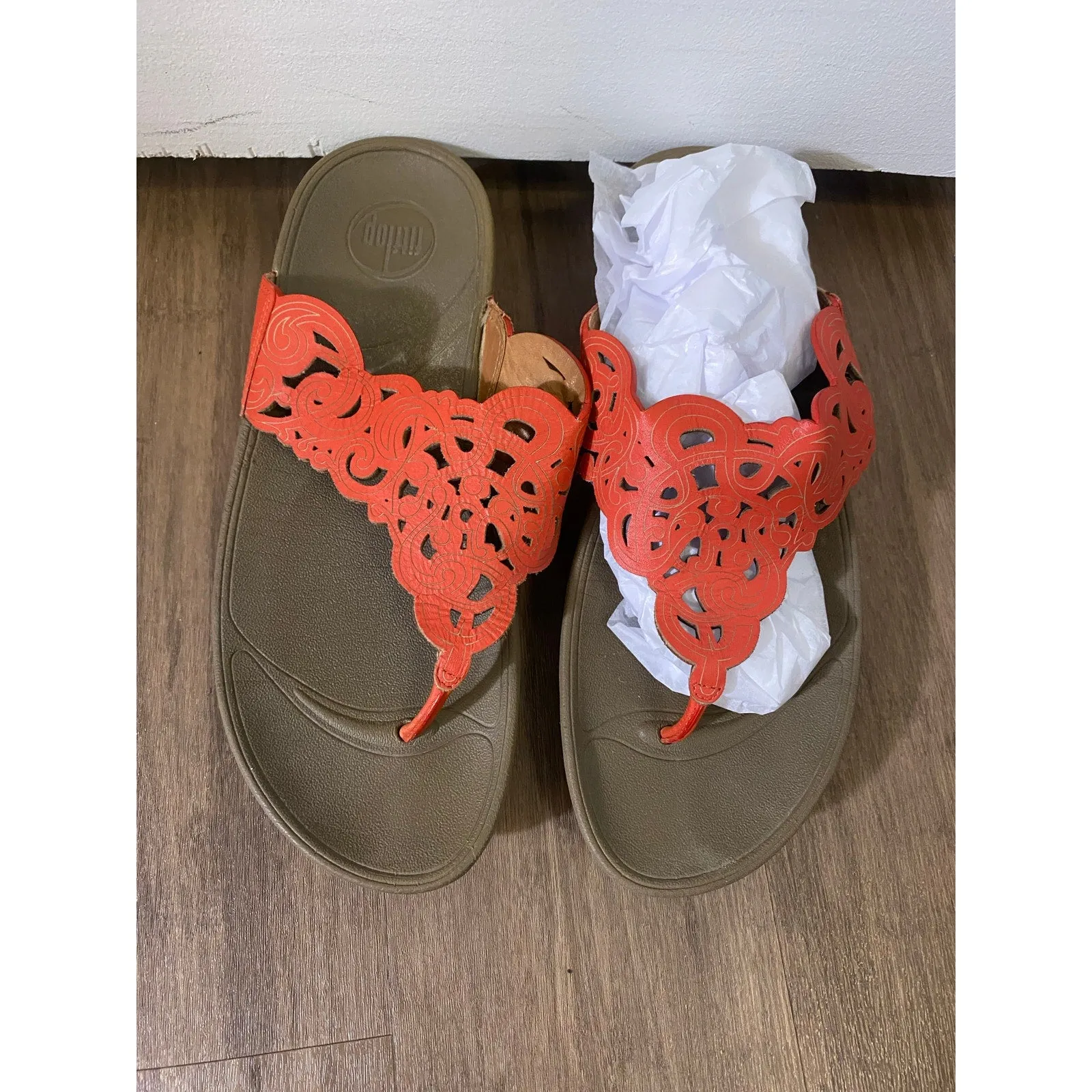 Fit Flop Brown Orange Leather Cut Outs Flip Flop Sz 7