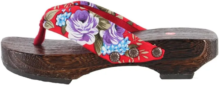 Flip-Flops Women's Printed Kimono Clogs Slippers,Japanese Traditional Sandals Geta Wooden Kimono Thick Sole Sashion Slippers,Anti Slip and Wear-Resistant Shoes(Size:EU 36,Color:Red)