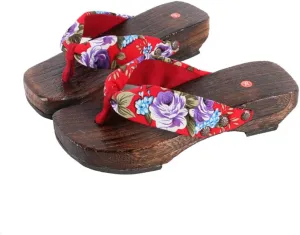 Flip-Flops Women's Printed Kimono Clogs Slippers,Japanese Traditional Sandals Geta Wooden Kimono Thick Sole Sashion Slippers,Anti Slip and Wear-Resistant Shoes(Size:EU 36,Color:Red)