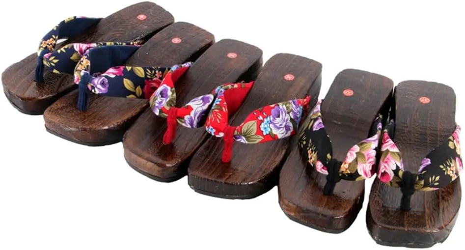 Flip-Flops Women's Printed Kimono Clogs Slippers,Japanese Traditional Sandals Geta Wooden Kimono Thick Sole Sashion Slippers,Anti Slip and Wear-Resistant Shoes(Size:EU 36,Color:Red)