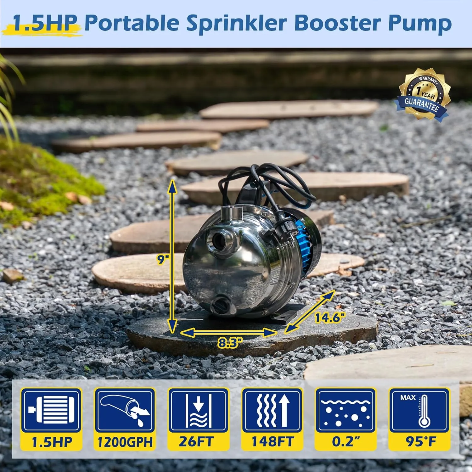 FLUENTPOWER 1.5HP Portable Garden Transfer Pump, 1200GPH Electric Sprinkler Booster Pump, Shallow Well Jet Pump for Home Lawn Irrigation and Water Draining