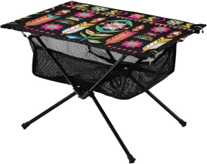 Fold Camp Table Bohemian Style Flowers Plume Collapsible Oxford Picnic Portable Table with Carry Bag for Outdoor Dining Cooking Picnic