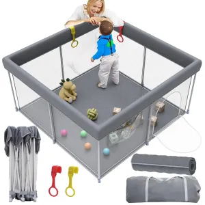 Foldable Baby Playpen with Mat, 50" x 50" Portable Play Pen for Toddlers with 2 Handlers, Easy Setup for Indoor/Outdoor Use, Baby Fence Playard, Perfect for Travel and Home, Grey