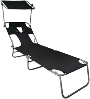 Foldable Tanning Chair, Beach Chair with Top Sunshade, Portable Tanning Lounge Chair for Beach, Pool, Courtyard, Sun Tanning Chair with Face Hole, Folding Lounge Chairs for Outside(Black)