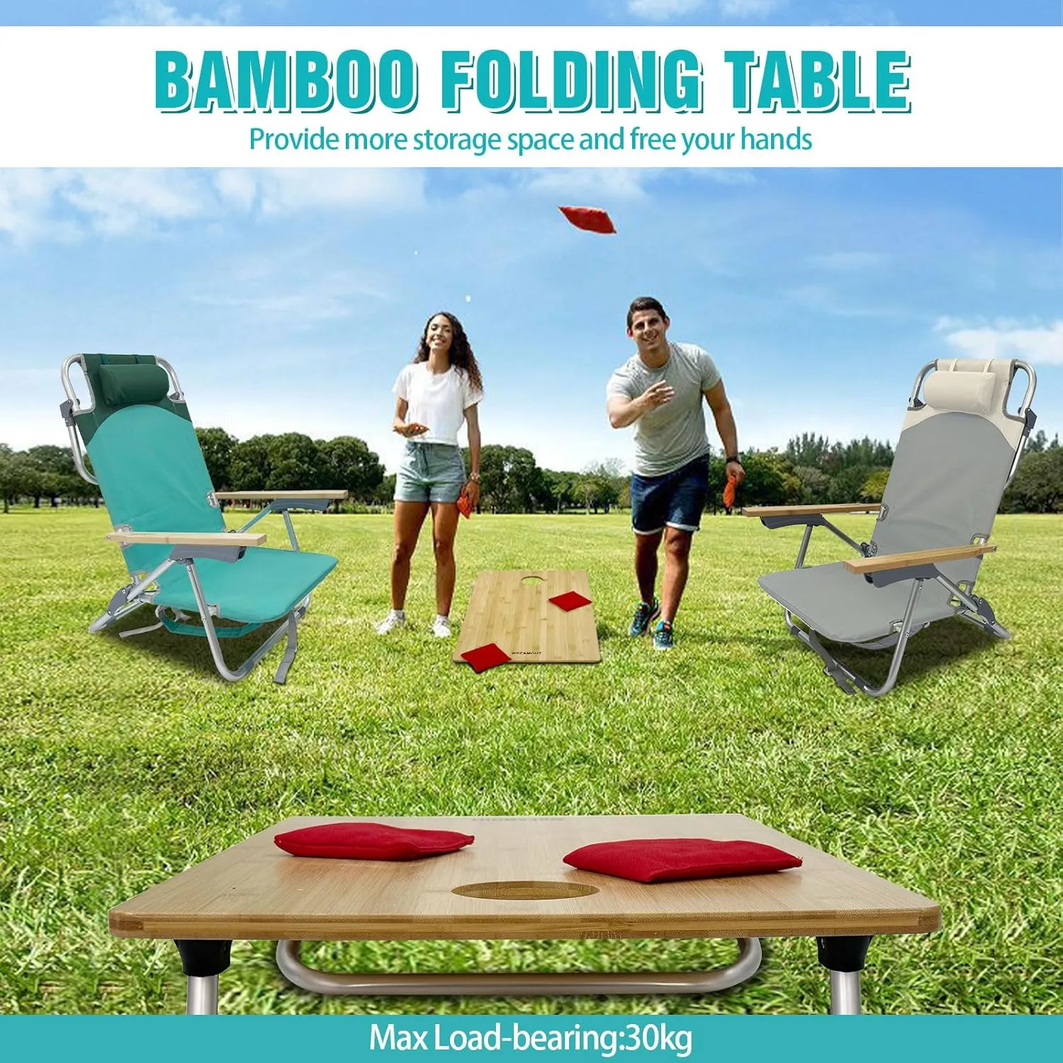 Folding Backpack Beach Chair Aluminum 5-Position with Samll Camping Table Bamboo Lay Flat Lounge Chair Outdoor for Adults with Insulated Cooler Bag