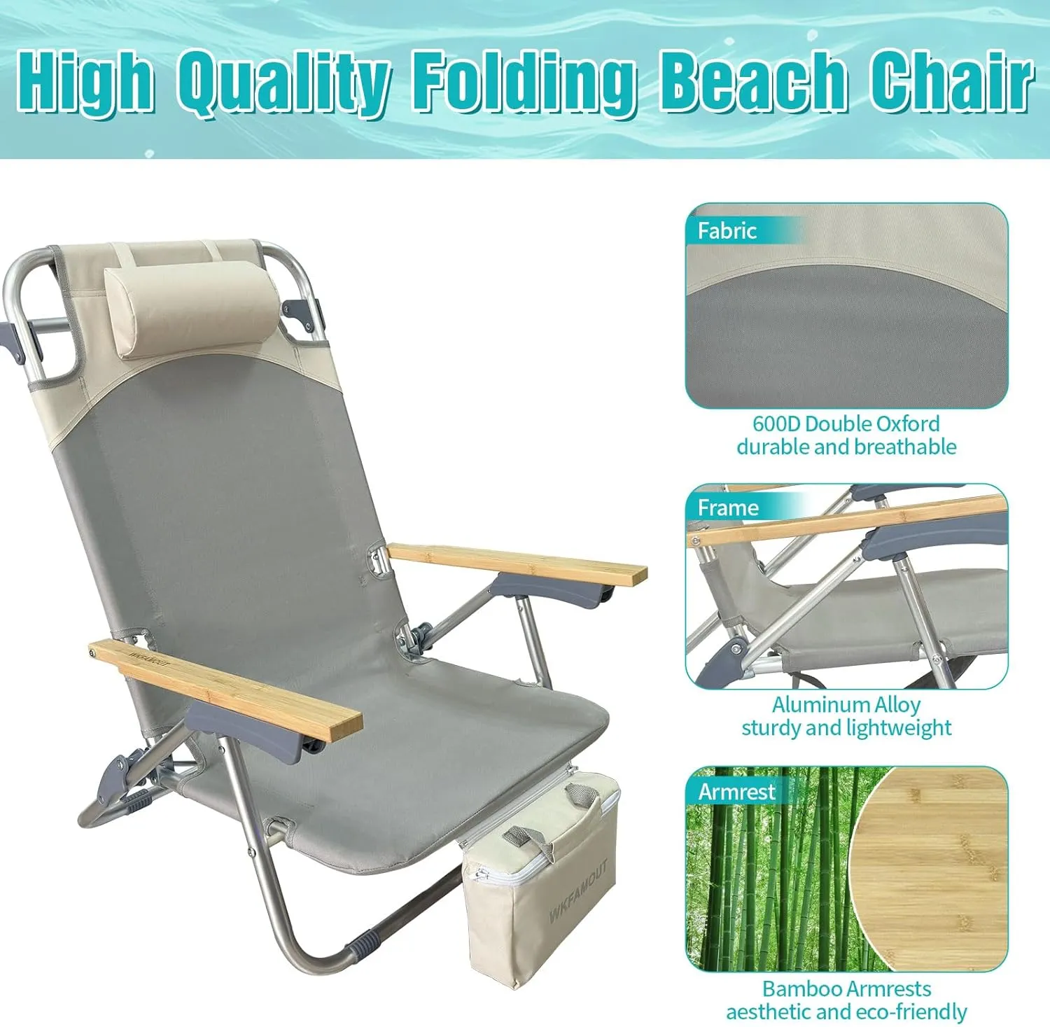 Folding Backpack Beach Chair Aluminum 5-Position with Samll Camping Table Bamboo Lay Flat Lounge Chair Outdoor for Adults with Insulated Cooler Bag