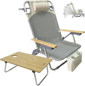 Folding Backpack Beach Chair Aluminum 5-Position with Samll Camping Table Bamboo Lay Flat Lounge Chair Outdoor for Adults with Insulated Cooler Bag
