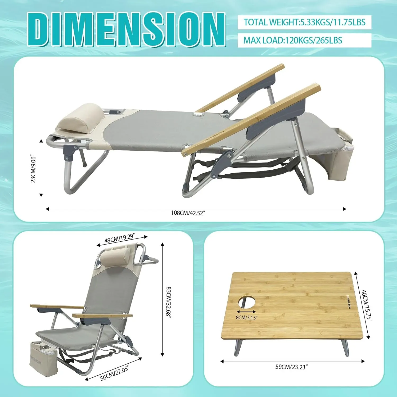 Folding Backpack Beach Chair Aluminum 5-Position with Samll Camping Table Bamboo Lay Flat Lounge Chair Outdoor for Adults with Insulated Cooler Bag