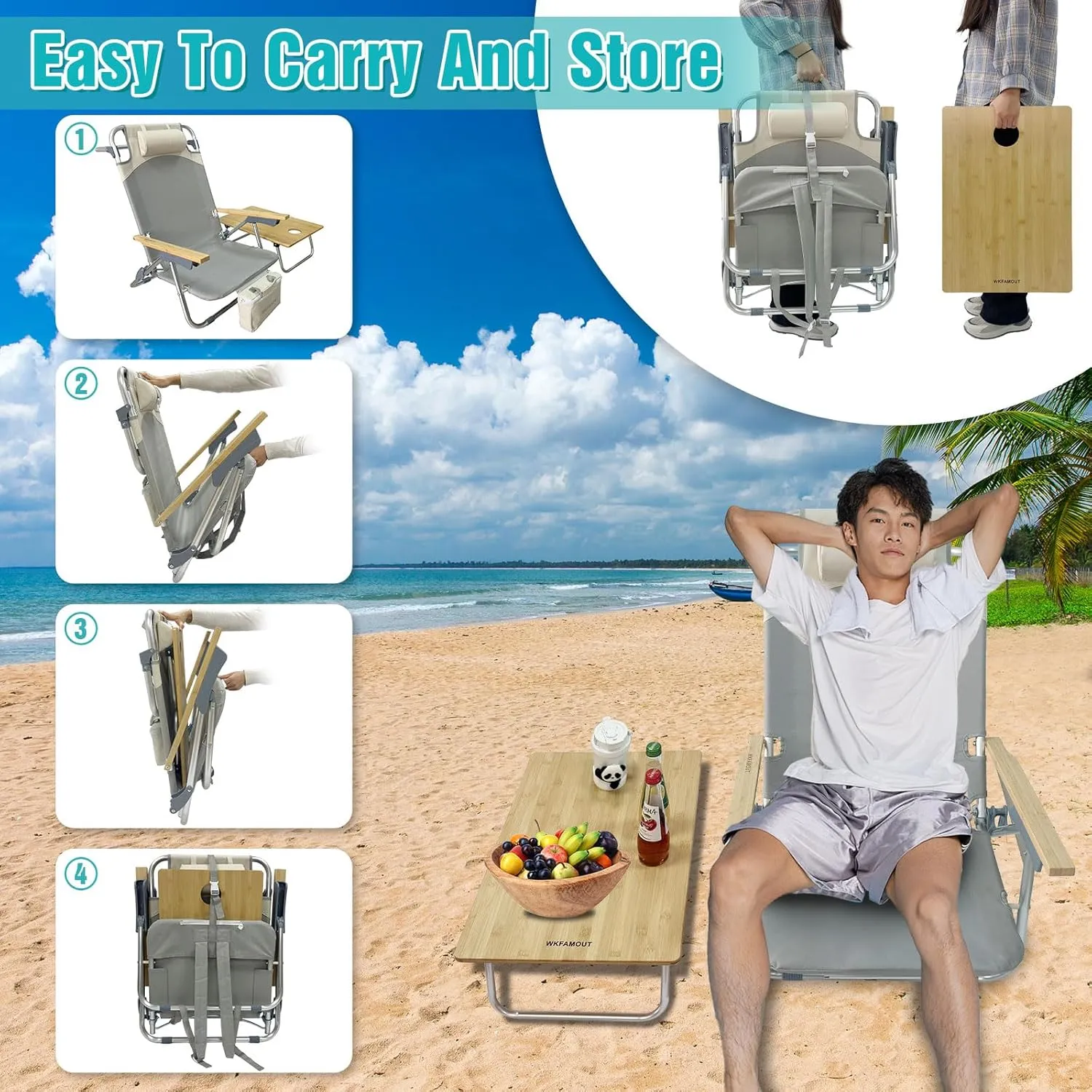 Folding Backpack Beach Chair Aluminum 5-Position with Samll Camping Table Bamboo Lay Flat Lounge Chair Outdoor for Adults with Insulated Cooler Bag