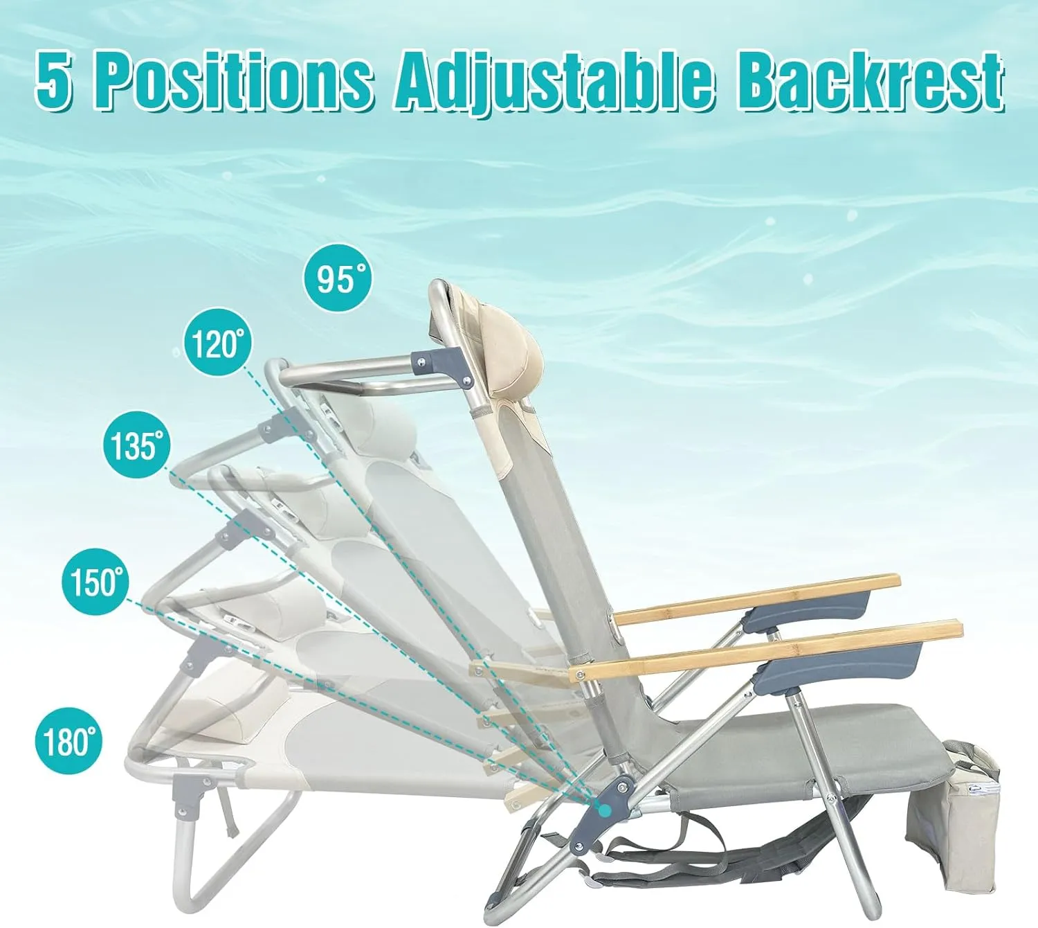 Folding Backpack Beach Chair Aluminum 5-Position with Samll Camping Table Bamboo Lay Flat Lounge Chair Outdoor for Adults with Insulated Cooler Bag