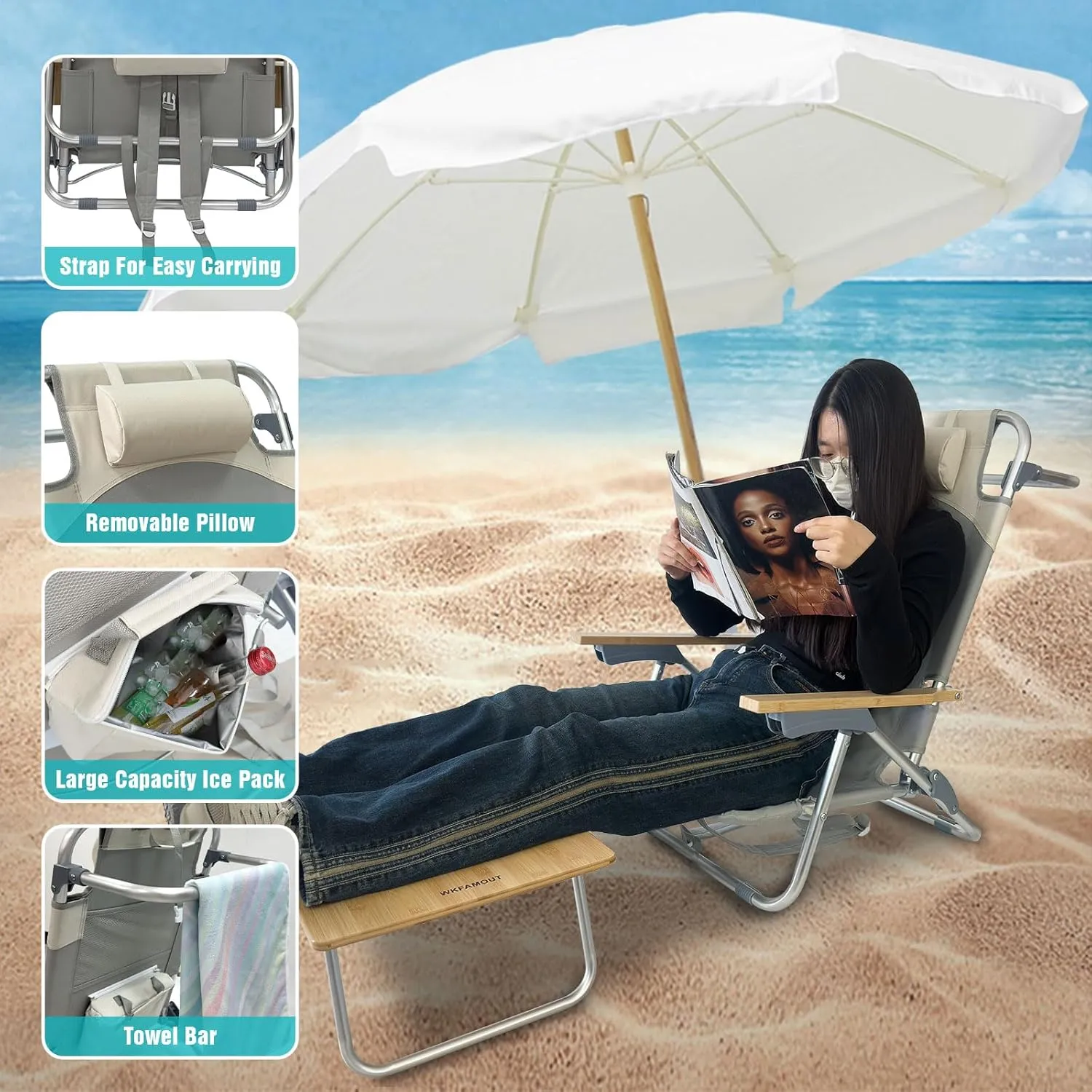 Folding Backpack Beach Chair Aluminum 5-Position with Samll Camping Table Bamboo Lay Flat Lounge Chair Outdoor for Adults with Insulated Cooler Bag