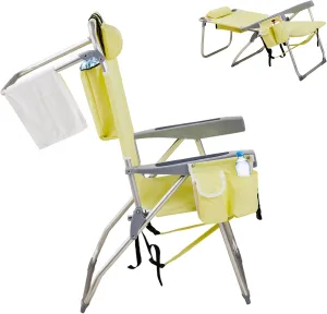 Folding Beach Chair with 350LBS Capacity, Portable Backpack Chair with 5 Position Reclining, Compact Lay Flat Foldable Chair for Pool, Patio, Outdoor Concert Travel and Camping(Yellow-Taller)