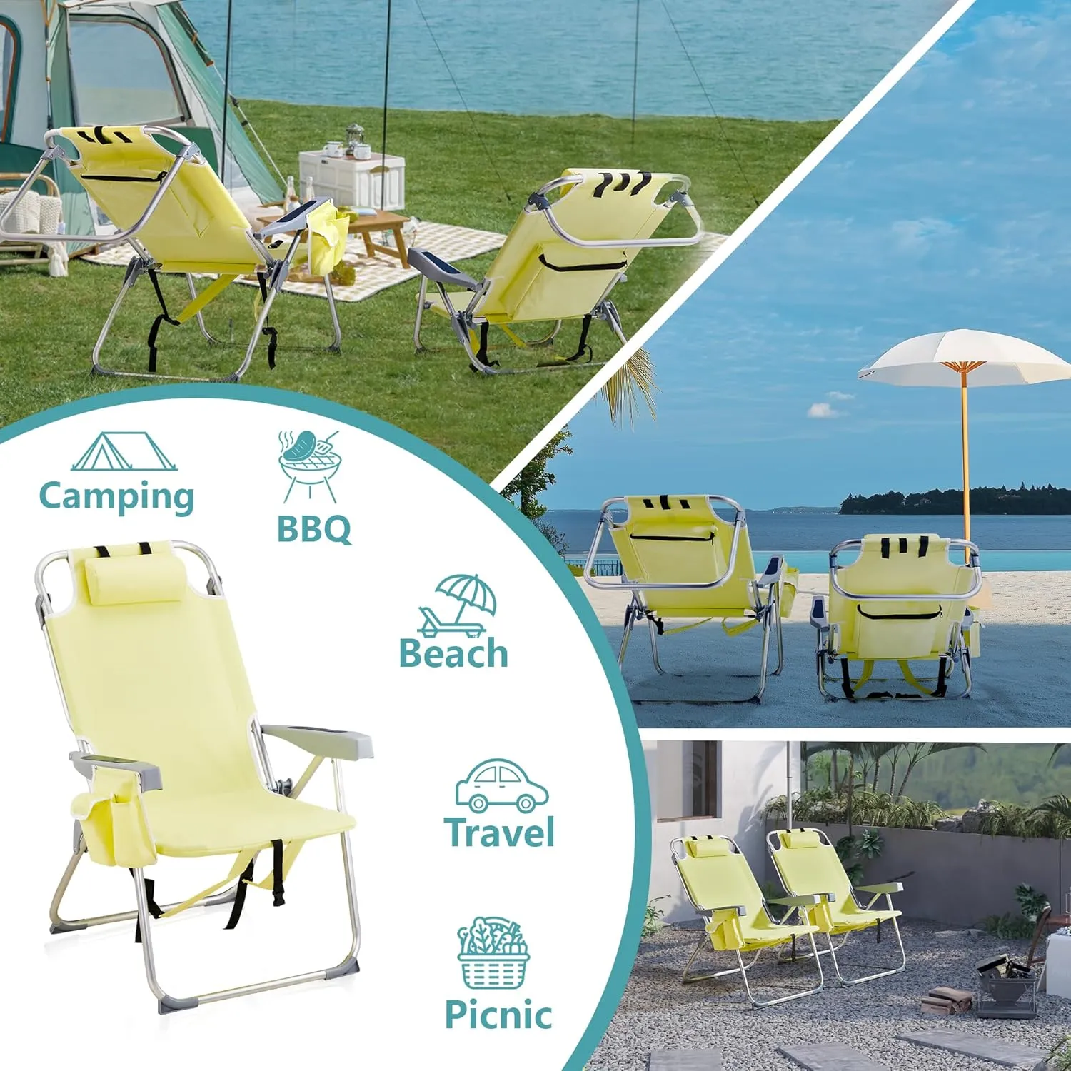 Folding Beach Chair with 350LBS Capacity, Portable Backpack Chair with 5 Position Reclining, Compact Lay Flat Foldable Chair for Pool, Patio, Outdoor Concert Travel and Camping(Yellow-Taller)