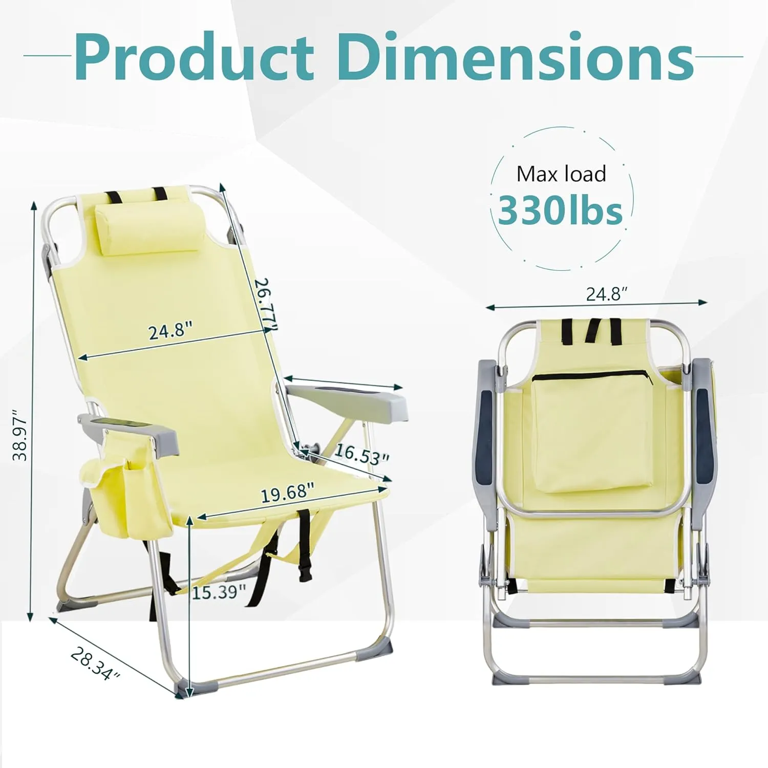 Folding Beach Chair with 350LBS Capacity, Portable Backpack Chair with 5 Position Reclining, Compact Lay Flat Foldable Chair for Pool, Patio, Outdoor Concert Travel and Camping(Yellow-Taller)