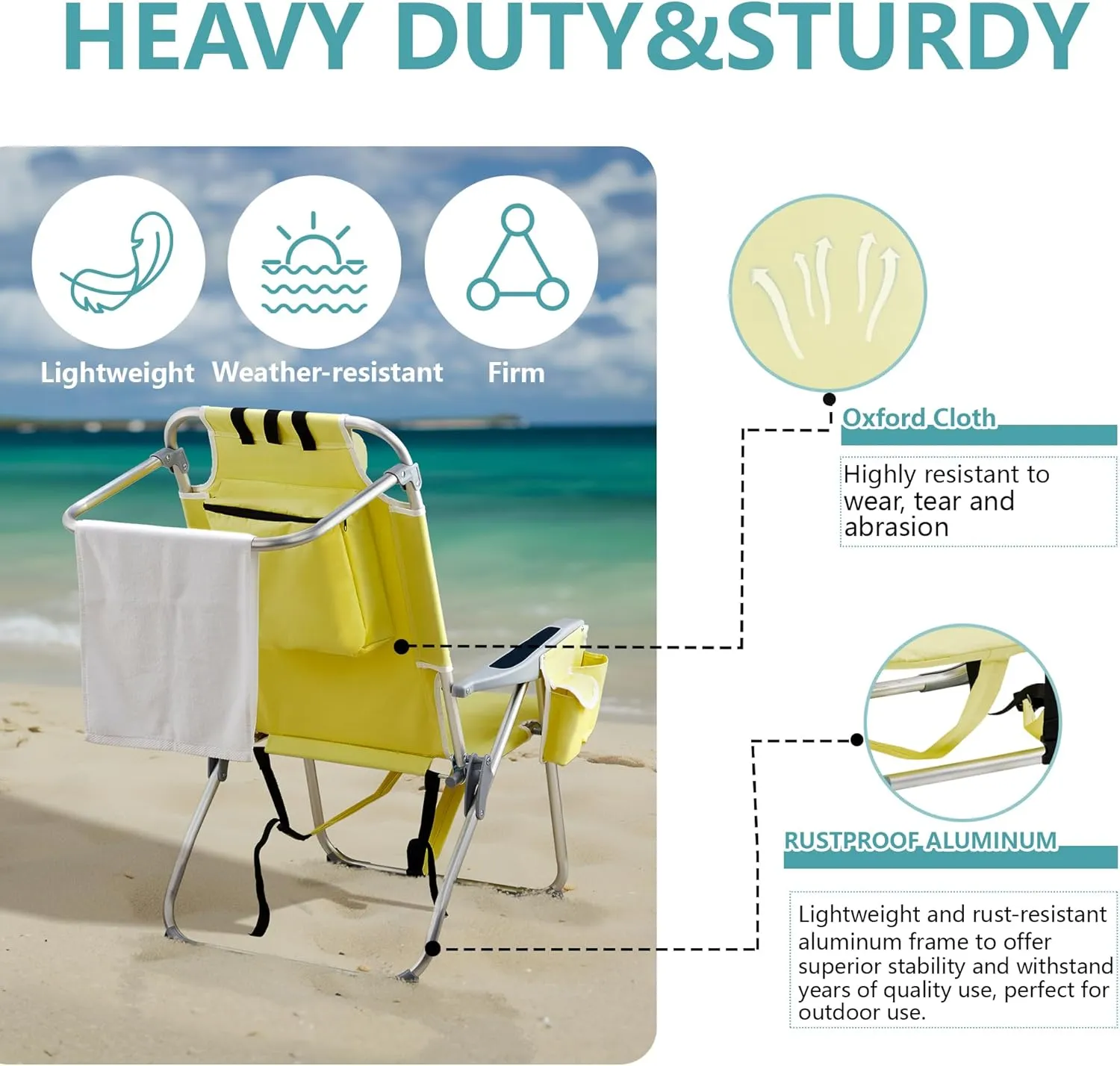 Folding Beach Chair with 350LBS Capacity, Portable Backpack Chair with 5 Position Reclining, Compact Lay Flat Foldable Chair for Pool, Patio, Outdoor Concert Travel and Camping(Yellow-Taller)