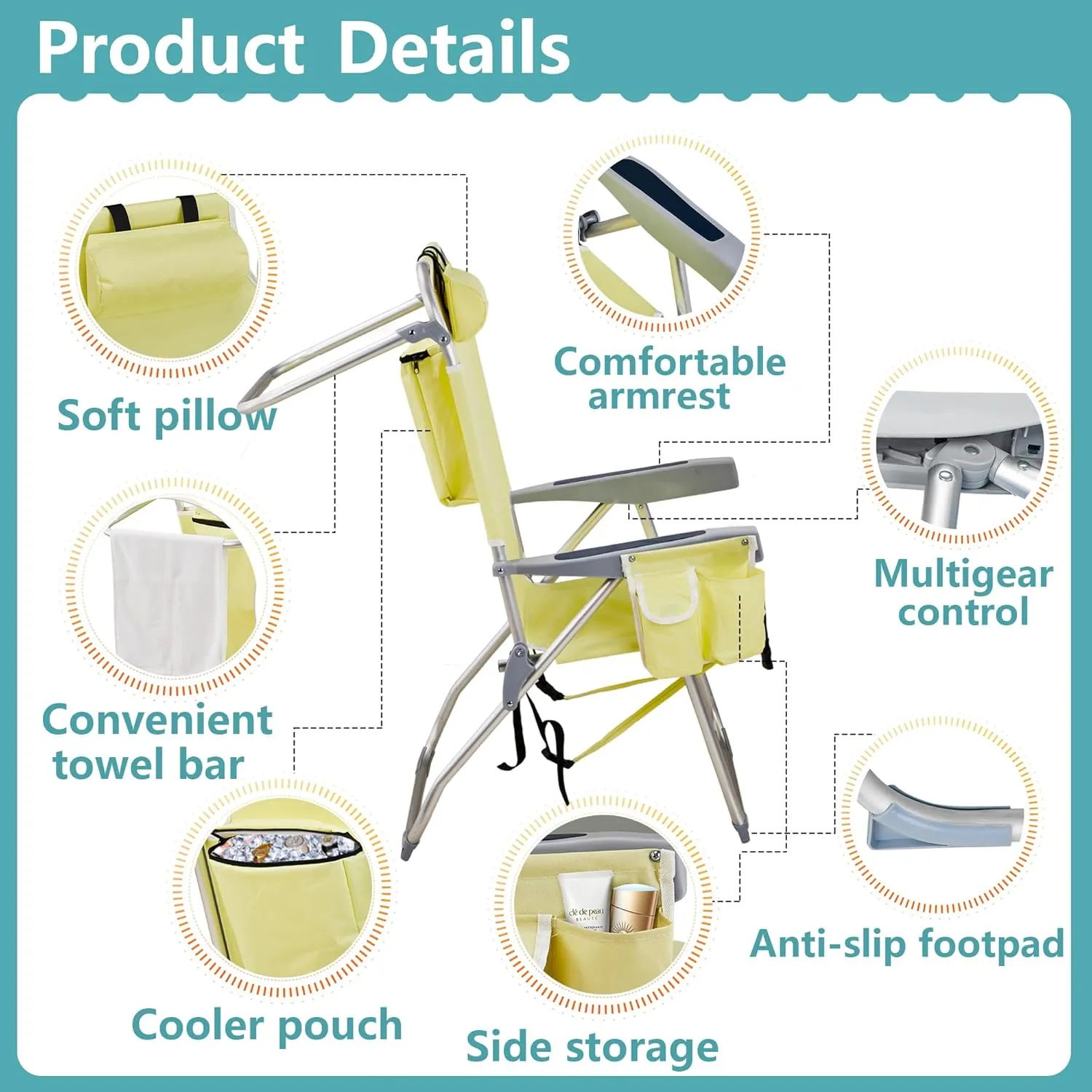 Folding Beach Chair with 350LBS Capacity, Portable Backpack Chair with 5 Position Reclining, Compact Lay Flat Foldable Chair for Pool, Patio, Outdoor Concert Travel and Camping(Yellow-Taller)
