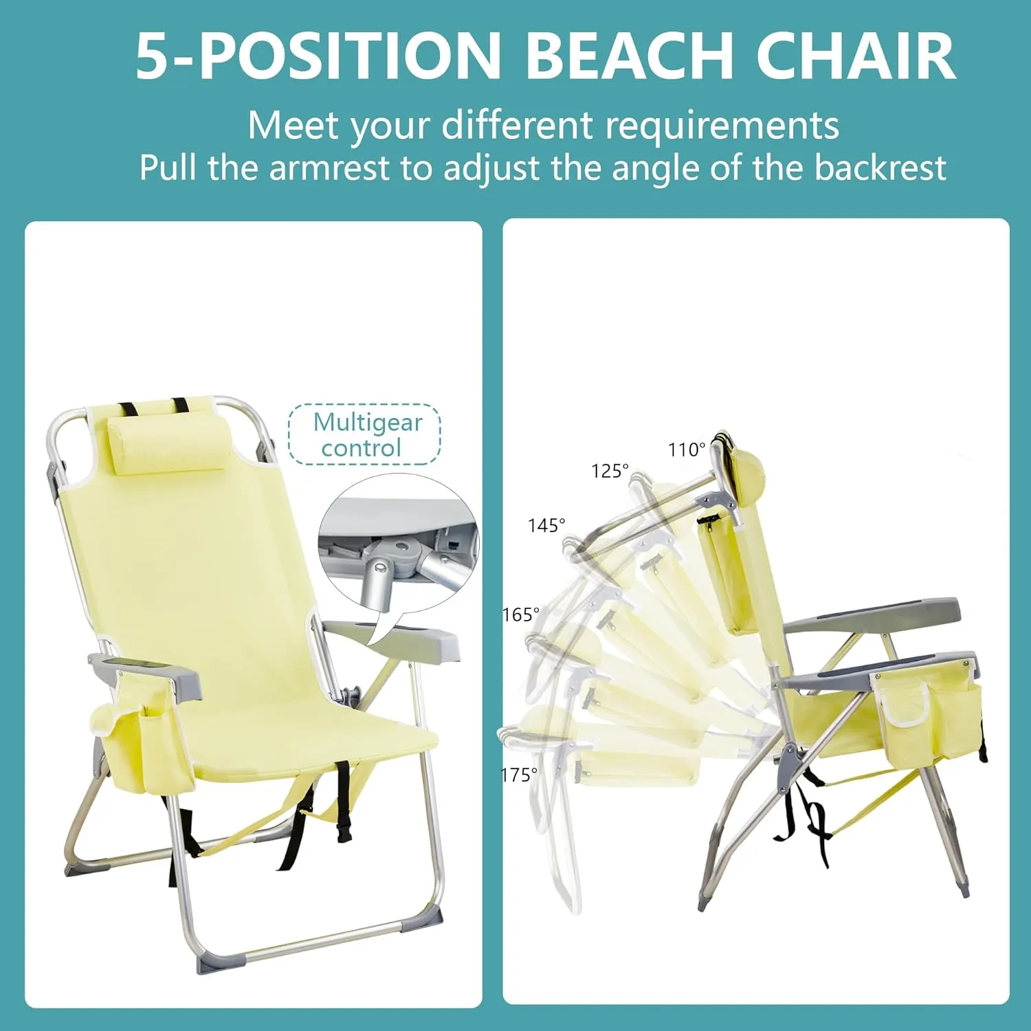 Folding Beach Chair with 350LBS Capacity, Portable Backpack Chair with 5 Position Reclining, Compact Lay Flat Foldable Chair for Pool, Patio, Outdoor Concert Travel and Camping(Yellow-Taller)