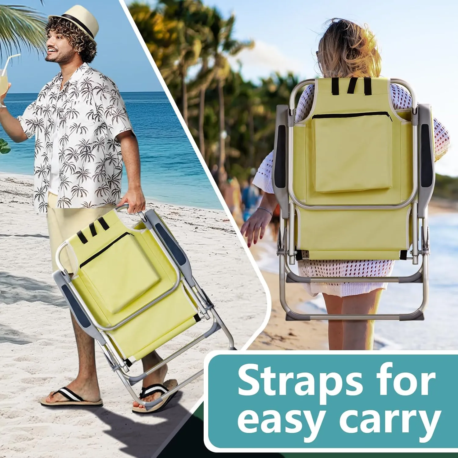 Folding Beach Chair with 350LBS Capacity, Portable Backpack Chair with 5 Position Reclining, Compact Lay Flat Foldable Chair for Pool, Patio, Outdoor Concert Travel and Camping(Yellow-Taller)