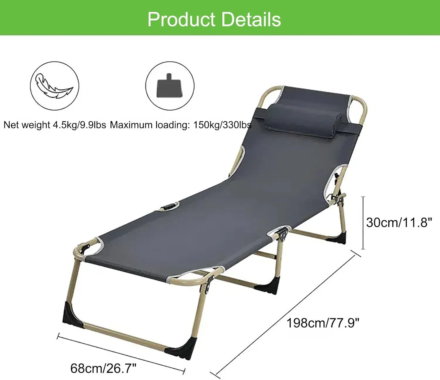 Folding Bed, Folding Camping Cot for Adults, Lightweight Portable Sleeping Cot with Pillow for Outdoor Camping, Lounging and Napping, Support 150kg/330lbs(Large)