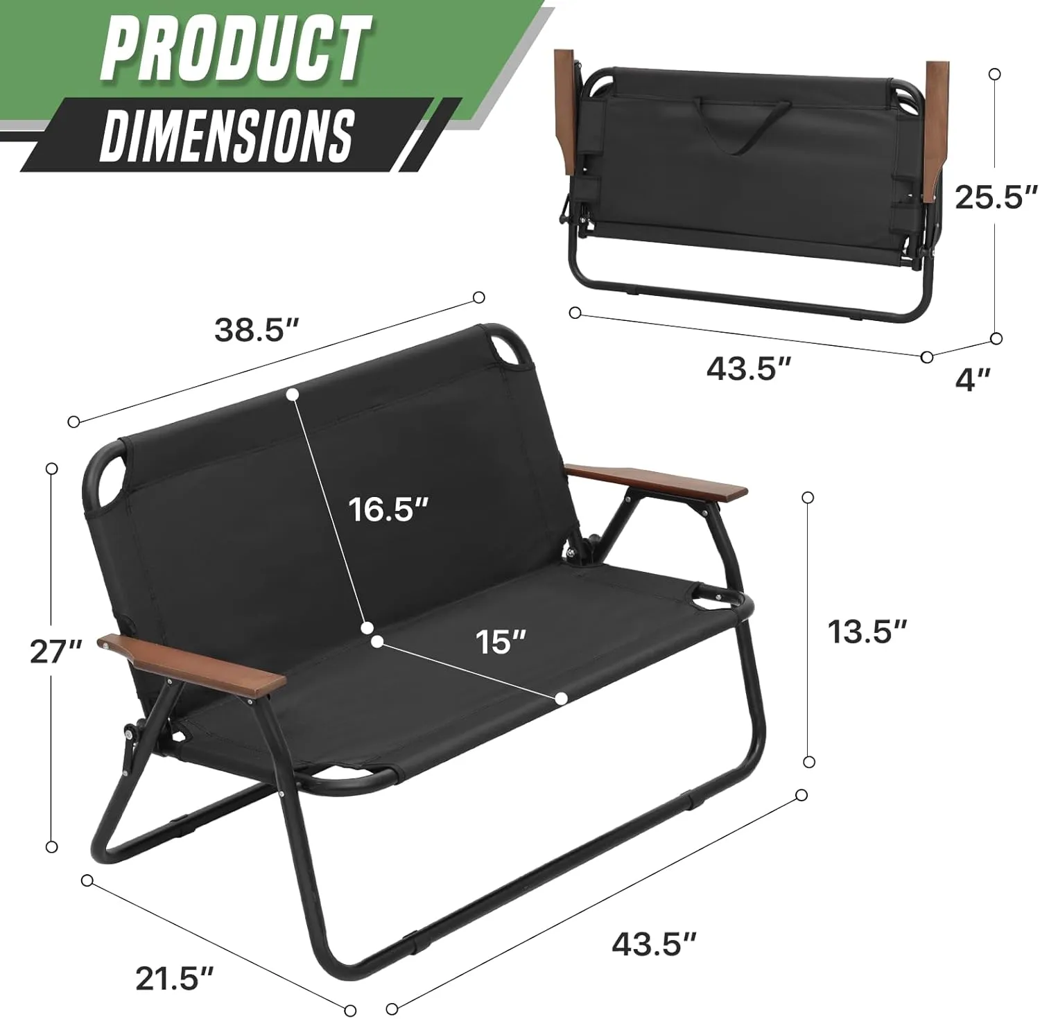 Folding Double Camping Chair, Loveseat Camping Chair with Aluminium Frame, Breathable Nylon Outdoor Camping Bench for Beach Lawn Picnic Hiking, 330 lbs Weight Capacity (Classic, Black)