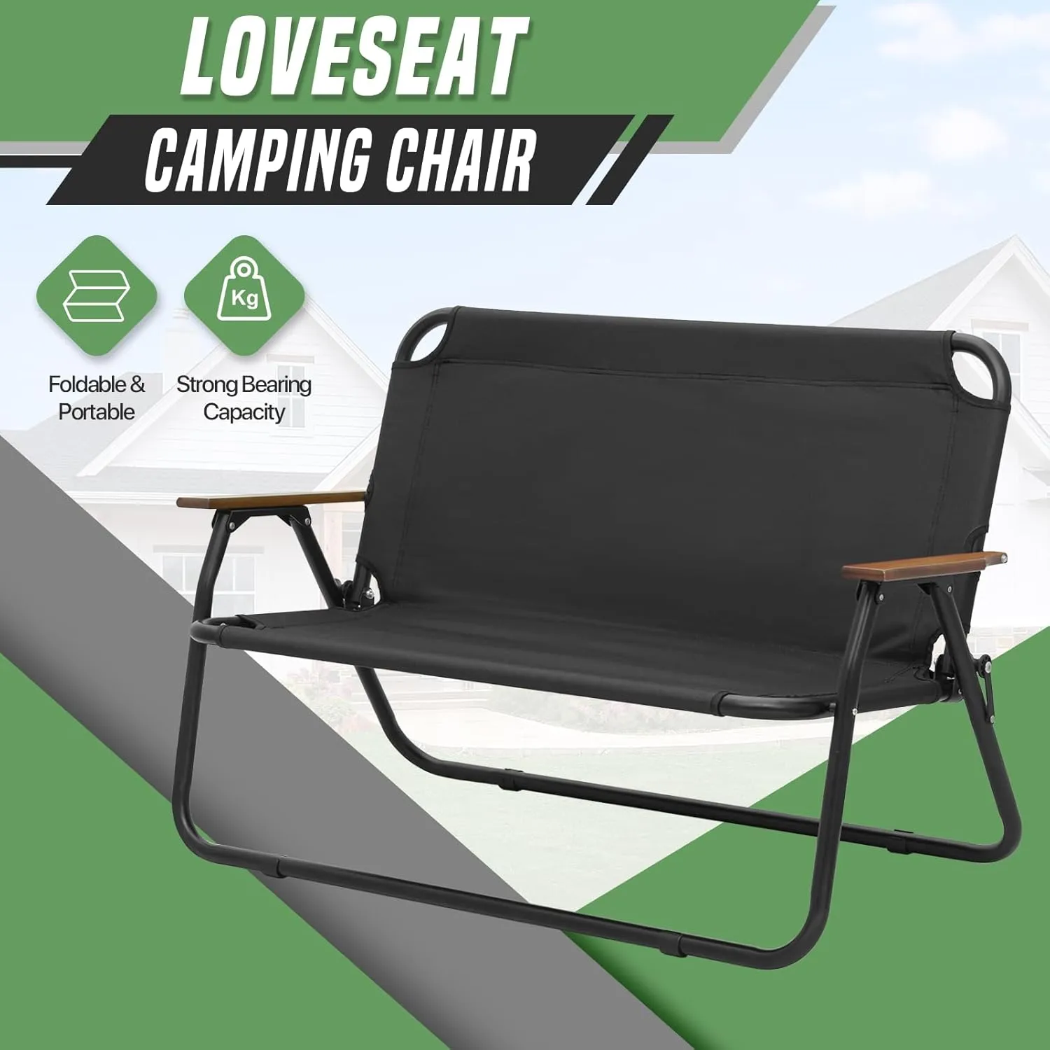 Folding Double Camping Chair, Loveseat Camping Chair with Aluminium Frame, Breathable Nylon Outdoor Camping Bench for Beach Lawn Picnic Hiking, 330 lbs Weight Capacity (Classic, Black)