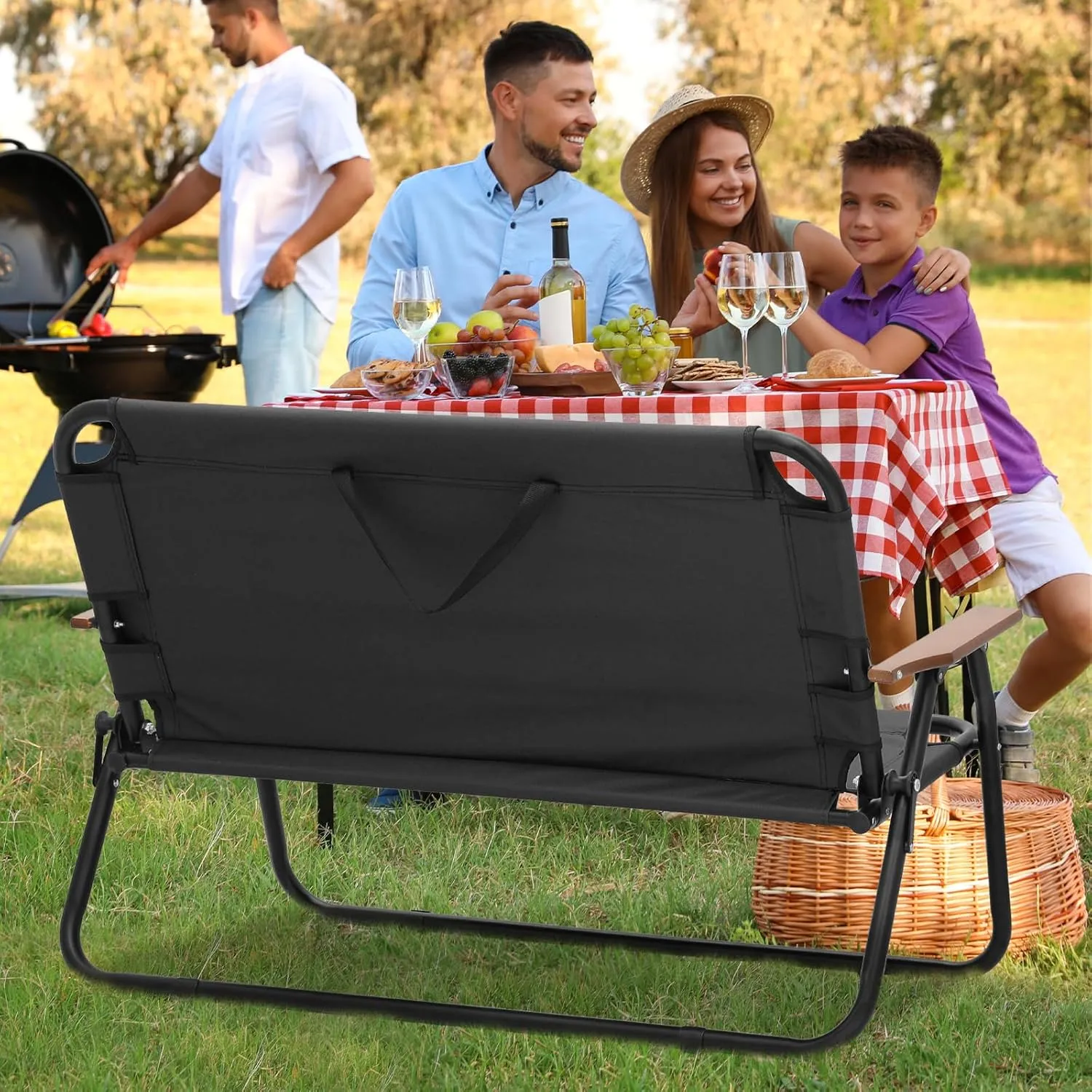 Folding Double Camping Chair, Loveseat Camping Chair with Aluminium Frame, Breathable Nylon Outdoor Camping Bench for Beach Lawn Picnic Hiking, 330 lbs Weight Capacity (Classic, Black)