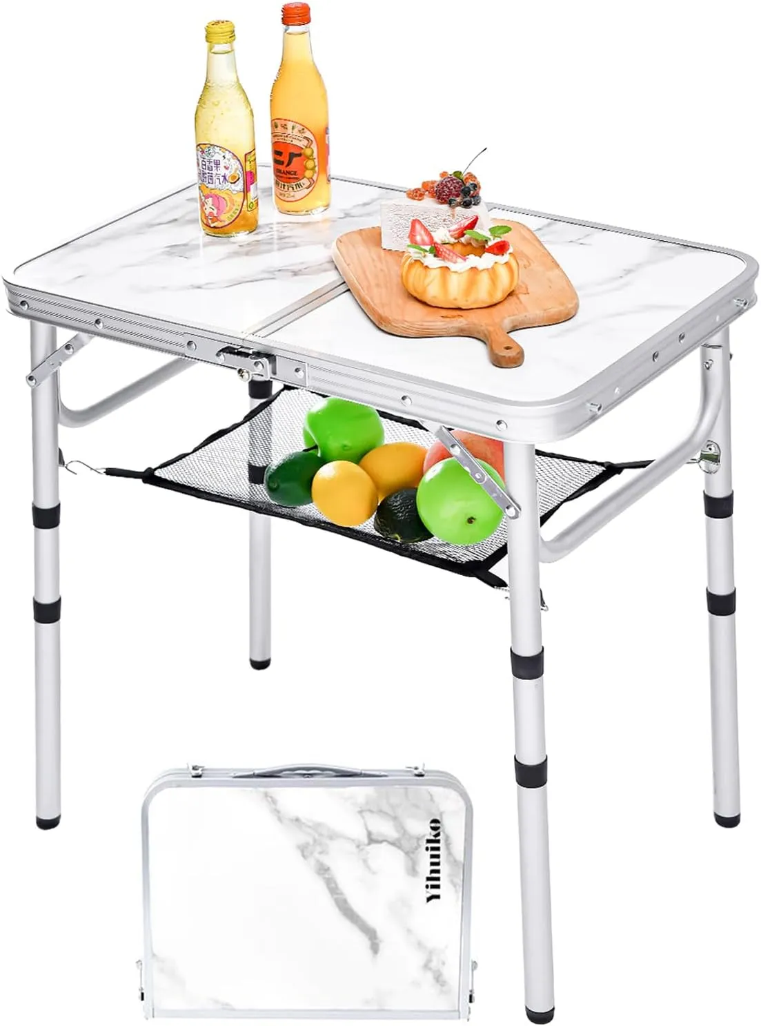 Folding Picnic Table, Camping Table, Adjustable Height Folding Table, Portable Aluminum Small Table with Handle for Picnic, BBQ, Indoor, Office (Marbling)