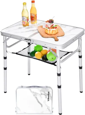 Folding Picnic Table, Camping Table, Adjustable Height Folding Table, Portable Aluminum Small Table with Handle for Picnic, BBQ, Indoor, Office (Marbling)