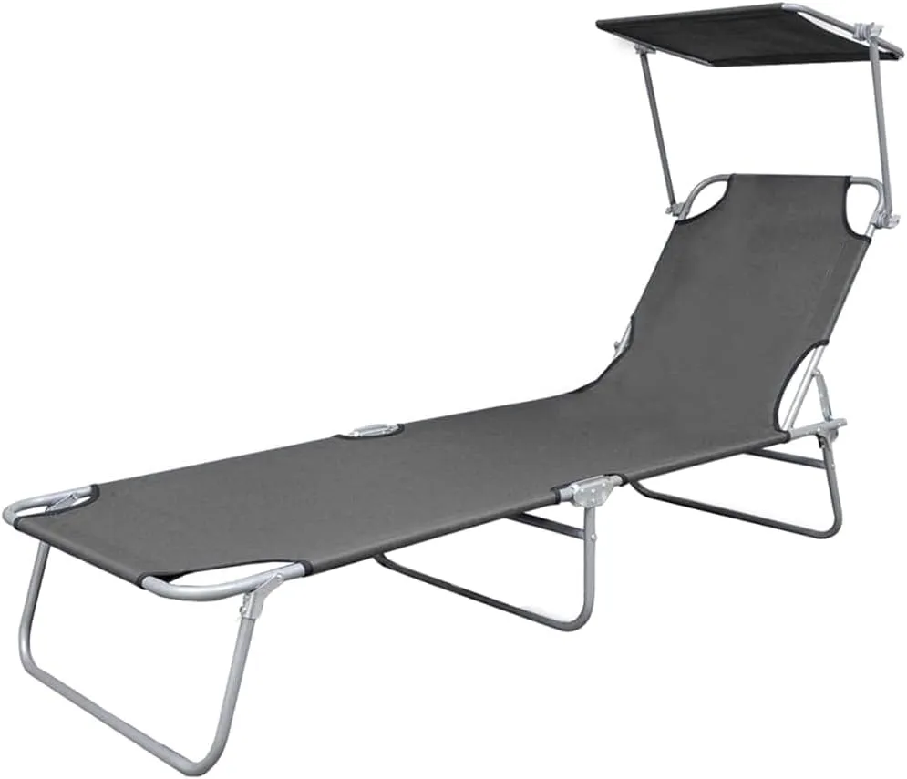 Folding Sun Lounger with Canopy Steel GrayLuxury Sun Loungers with Adjustable Backrest and Cushioned Seat