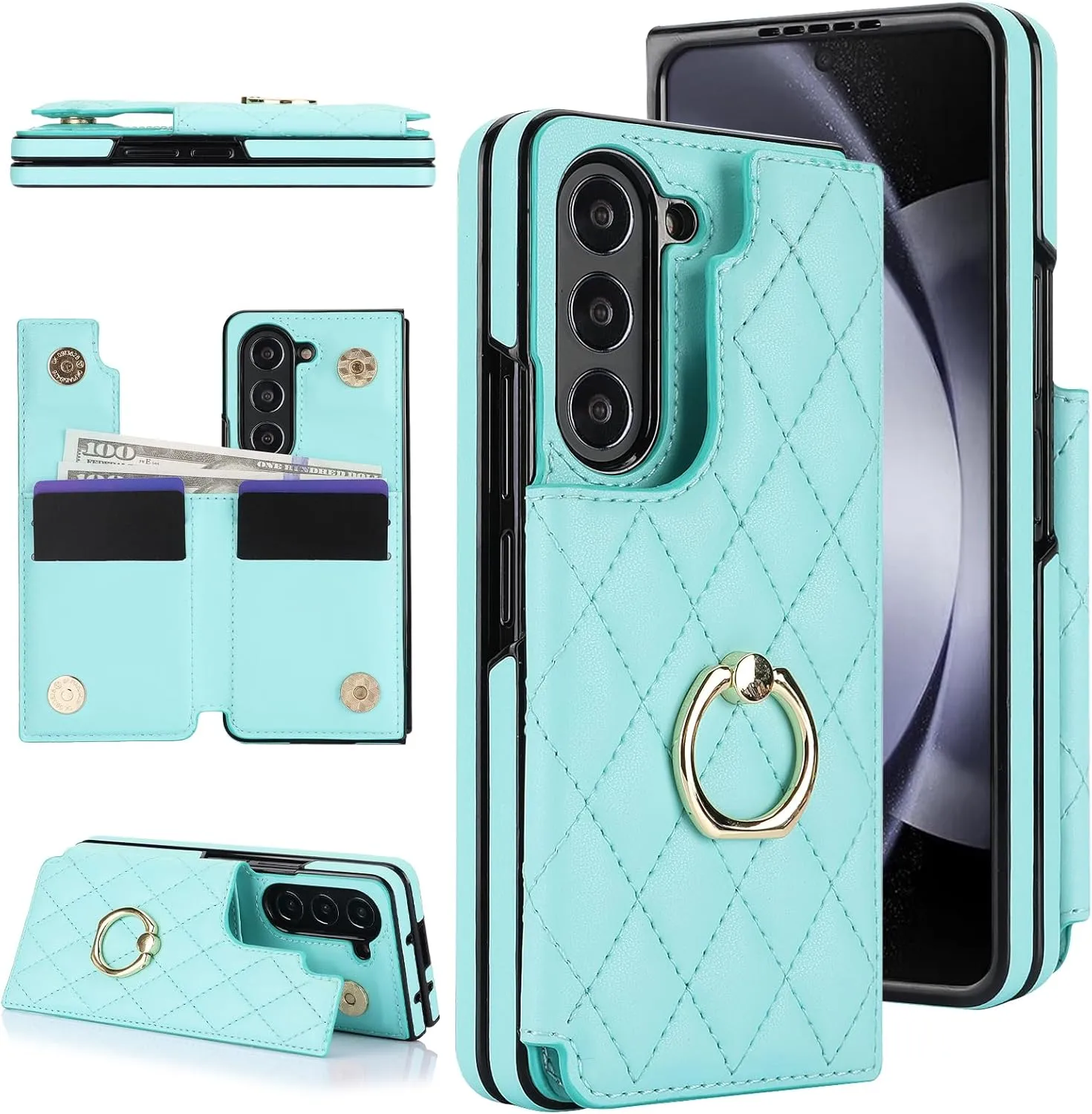 for Samsung Galaxy Z Fold 6 Wallet Case with Ring and Credit Card Holder, Cash Slot, Luxurious Diamond Leather Magnetic Clasp Kickstand Heavy Duty Protective Cover.(Green)