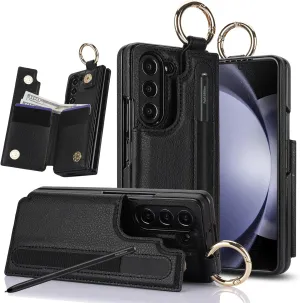for Samsung Galaxy Z Fold 6 Wallet Case with S-Pen Holder and Credit Card Holder, Cash Slot,Magnetic Clasp Kickstand Ring Protective Cover.(Black)