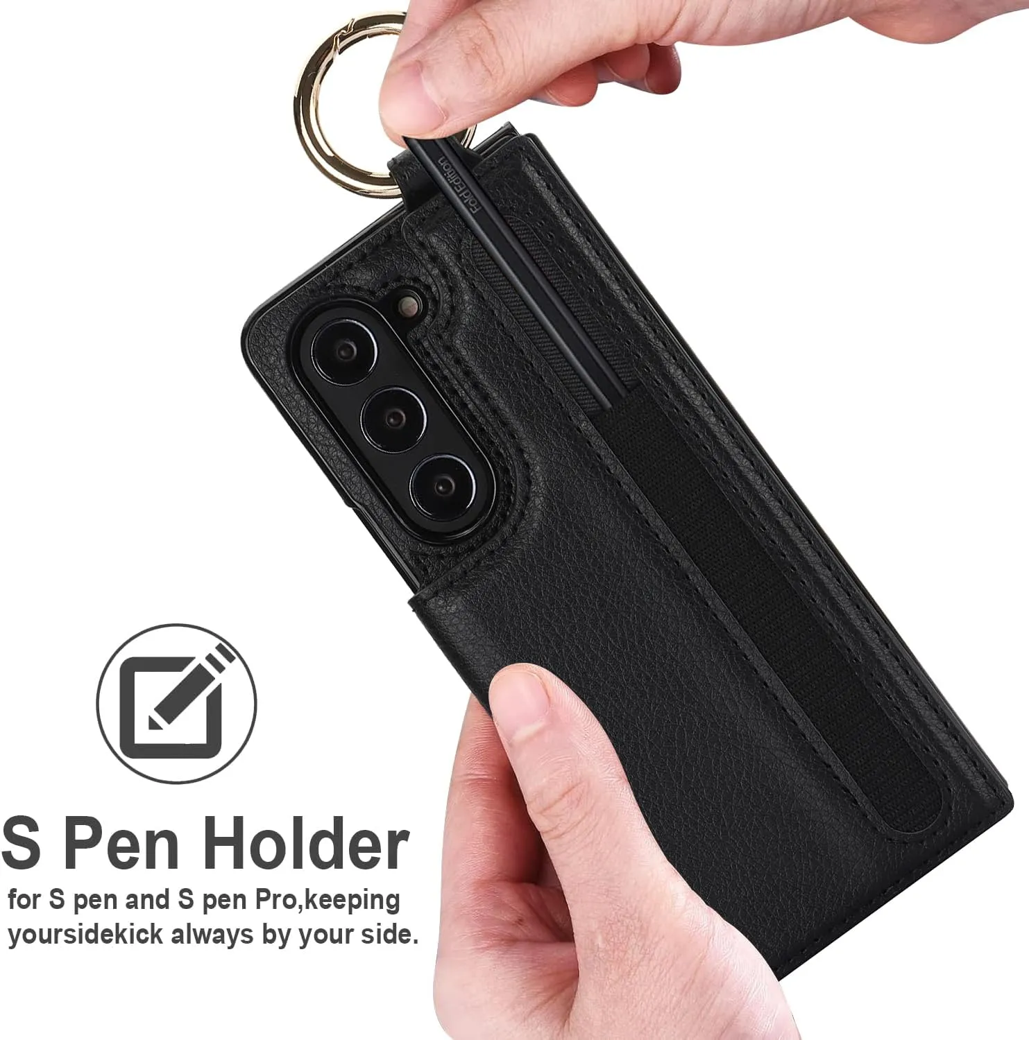 for Samsung Galaxy Z Fold 6 Wallet Case with S-Pen Holder and Credit Card Holder, Cash Slot,Magnetic Clasp Kickstand Ring Protective Cover.(Black)