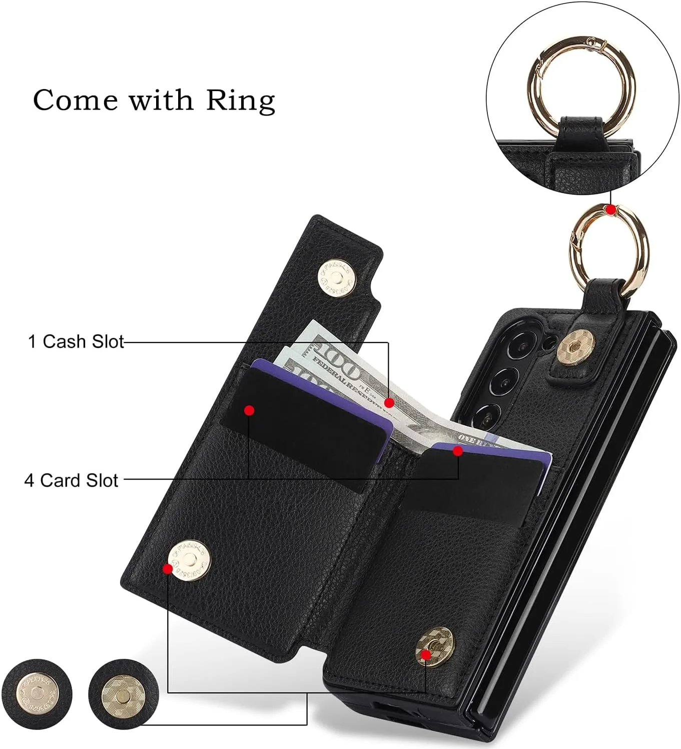 for Samsung Galaxy Z Fold 6 Wallet Case with S-Pen Holder and Credit Card Holder, Cash Slot,Magnetic Clasp Kickstand Ring Protective Cover.(Black)