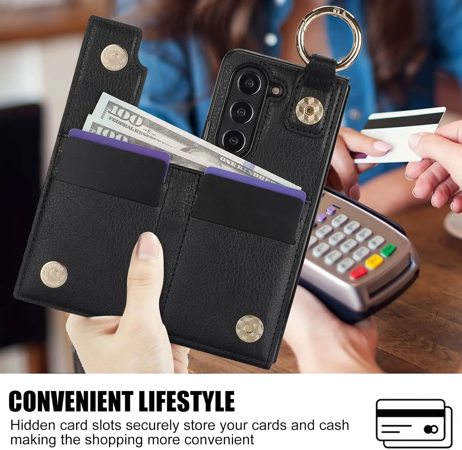 for Samsung Galaxy Z Fold 6 Wallet Case with S-Pen Holder and Credit Card Holder, Cash Slot,Magnetic Clasp Kickstand Ring Protective Cover.(Black)