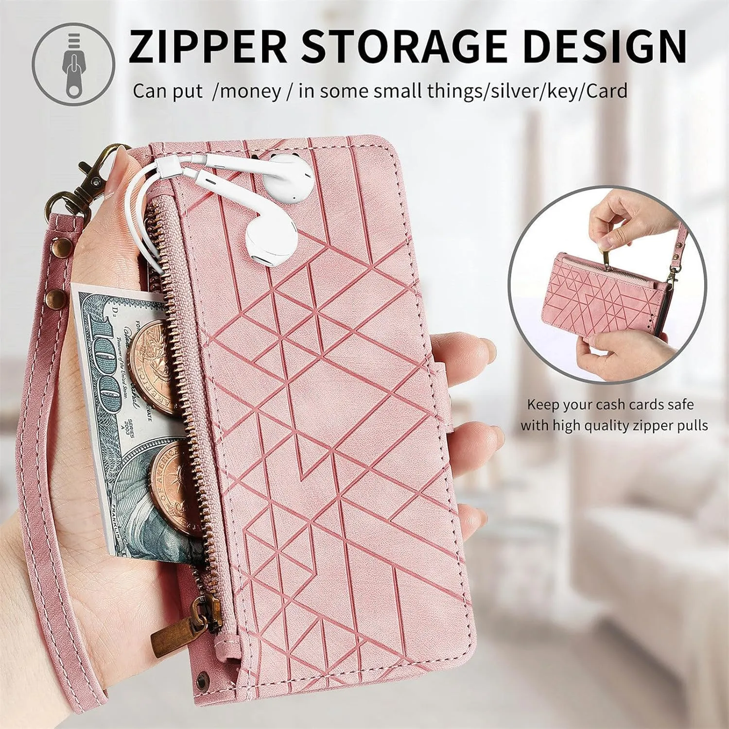 for TCL 40 X/TCL 40 XE/TCL 40 NxtPaper 5G Phone Case Leather Wallet Zipper Pocket Pouch, Retro Brushed Striped Folio Flip Cover Kickstand, Card Holder Cash Slot, Magnetic Metal Button, Wrist Strap