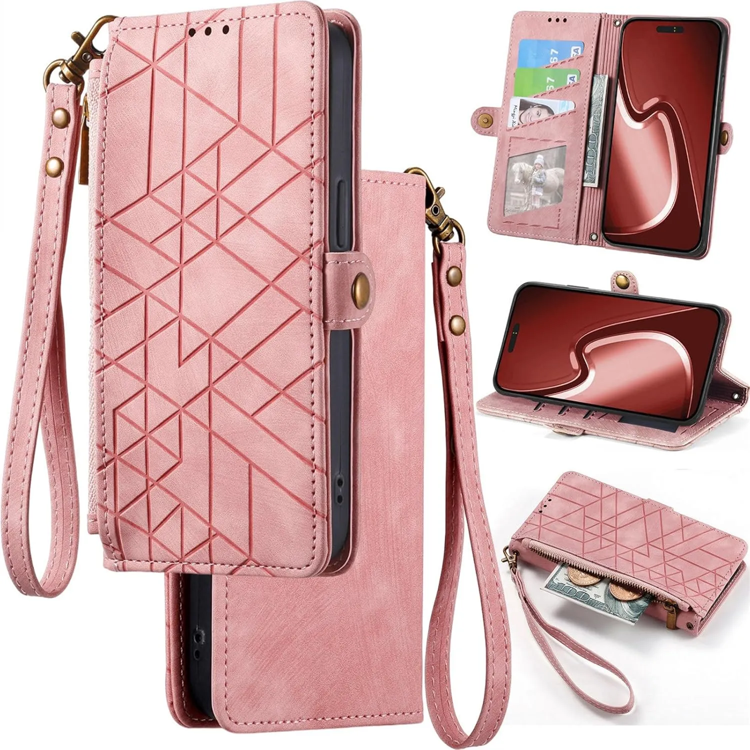 for TCL 40 X/TCL 40 XE/TCL 40 NxtPaper 5G Phone Case Leather Wallet Zipper Pocket Pouch, Retro Brushed Striped Folio Flip Cover Kickstand, Card Holder Cash Slot, Magnetic Metal Button, Wrist Strap