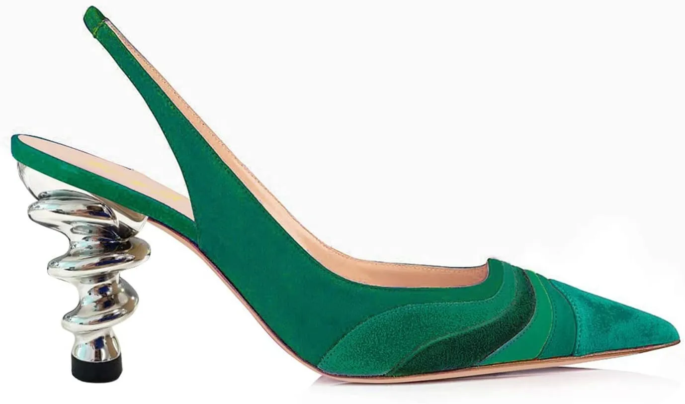 FOWT Women Rainbow Color Stripes Strange Spiral High Heel Pumps Slip On Pointed Toe Slingback Sandals Fashion Shoes 4-16