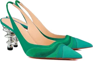 FOWT Women Rainbow Color Stripes Strange Spiral High Heel Pumps Slip On Pointed Toe Slingback Sandals Fashion Shoes 4-16