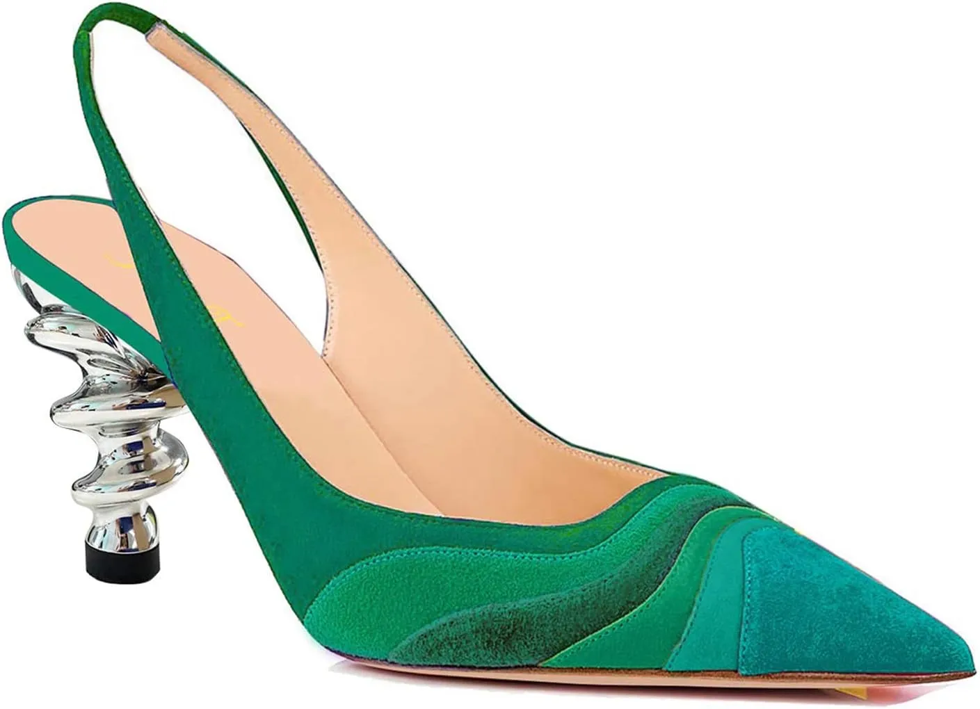 FOWT Women Rainbow Color Stripes Strange Spiral High Heel Pumps Slip On Pointed Toe Slingback Sandals Fashion Shoes 4-16
